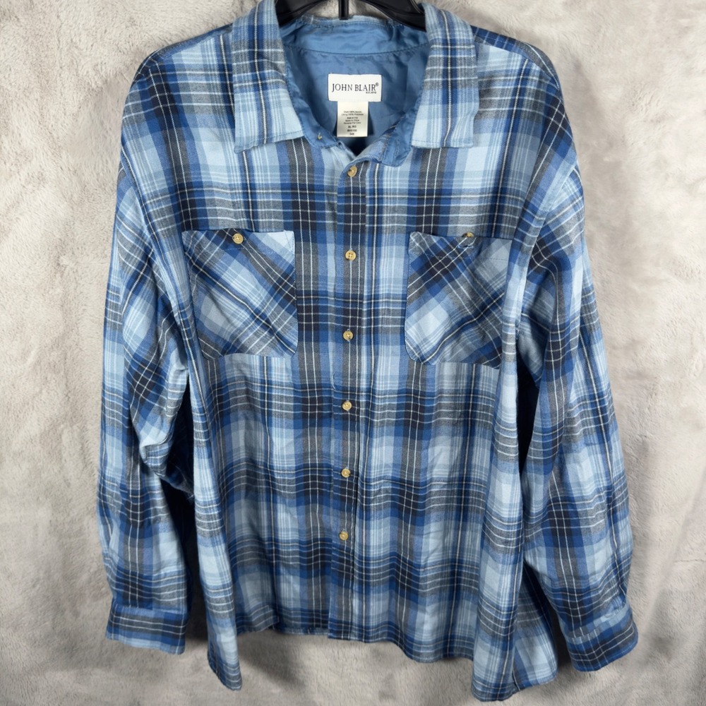 John‎ Blair Mens XLG Plaid Long Sleeve Button Down Shirt Blue Gray